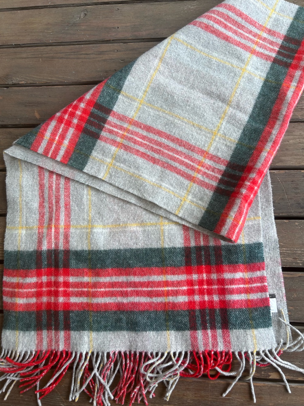 J. Crew Gray Plaid Wool Scarf with Red, Green & Yellow Stripes